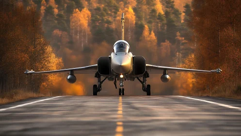 Fighter jet aligned on forest road runway in autumn light.