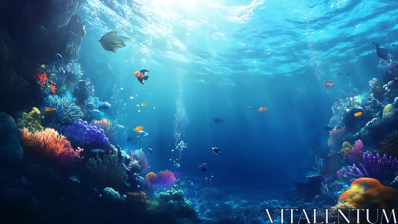 Coral confetti kingdom where sunbeams waltz with reef fish.