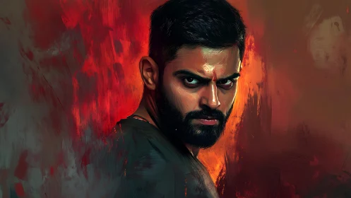 Intense bearded man portrait in fiery digital painting.