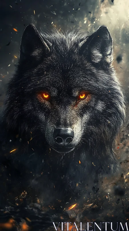Volumetric-lit black wolf with incandescent ember eyes frontally.