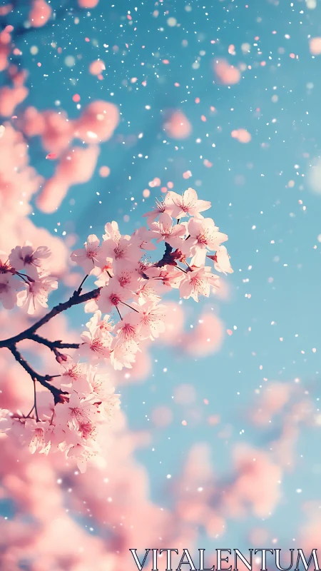 Pink cherry blossoms drift against turquoise sky.