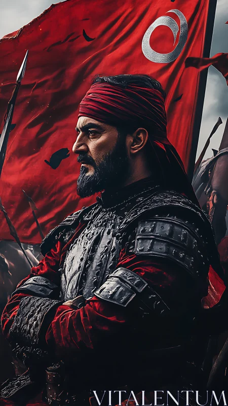 Armored medieval warrior in red before storm-torn banner