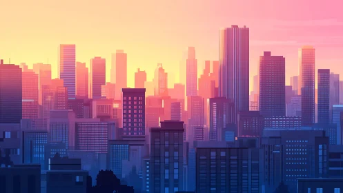 Sunlit gradient skyline over layered modern cityscape.