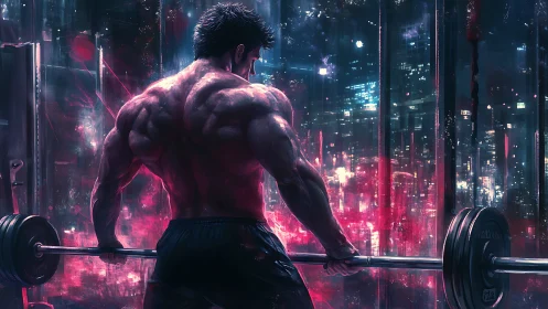 Cyberpunk bodybuilder framed against neon night skyline