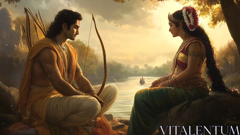 Two seated figures converse by a riverbank at sunset