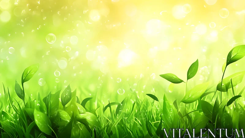 Digital illustration shows grass blades and leaves under diffuse light