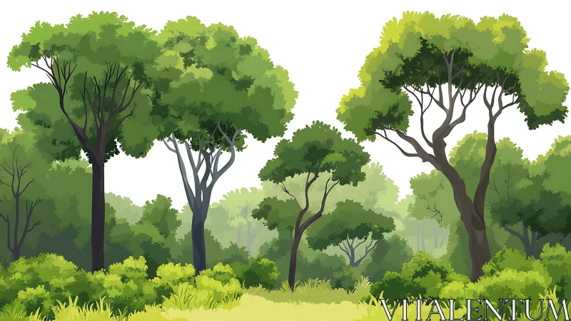 Sunlit forest canopy in layered lush green illustration.