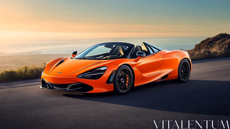 Sunlit orange supercar with aerodynamic coastal road stance.