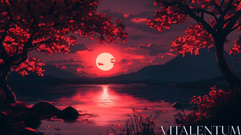 Crimson moon over tranquil lake framed by glowing trees.