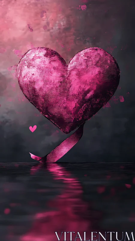 Luminous Pink Heart Held by Fabric Strip Against Dark Background