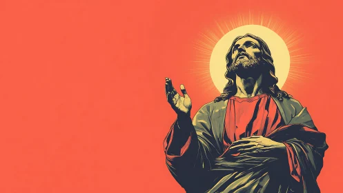 Iconic robed figure with radiant halo on bold orange field.