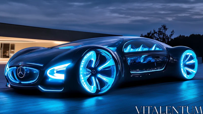 Neon-lit concept coupe hums across a midnight-modern terrace
