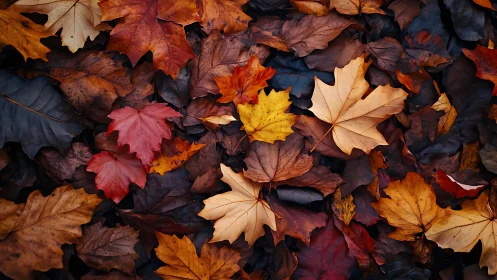 Colorful autumn maple leaves covering forest ground.