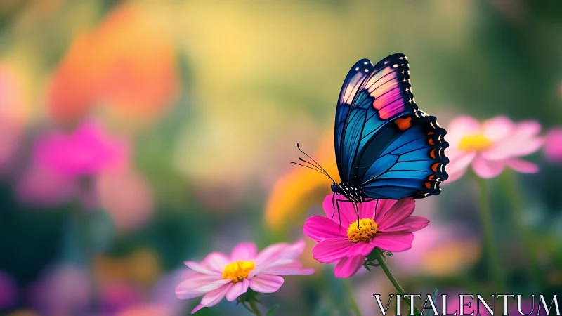 Macro study of iridescent blue butterfly on pink cosmos bloom