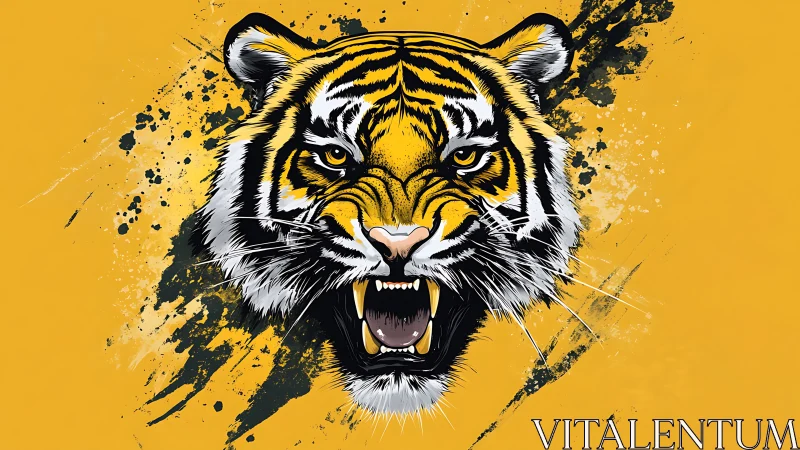 Tiger head illustration with open jaws on yellow field.
