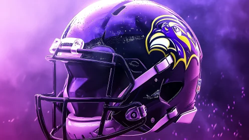 3D-rendered purple football helmet in neon vapor haze.