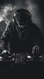 Shadowy DJ conjures monochrome beats in swirling haze.