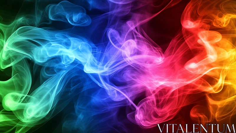 Colorful swirling smoke dance in a bright rainbow glow.