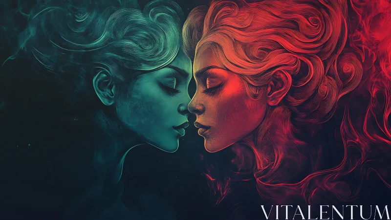 Duality in Motion. Contrasting Profiles Merge in Neon Light.