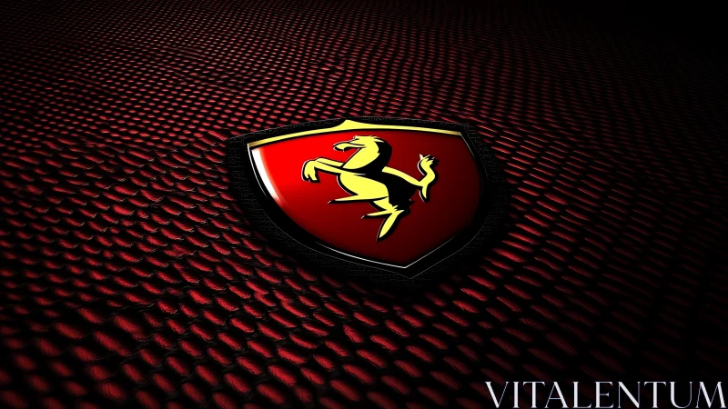 Ferrari shield logo on red textured surface in shadowed light.