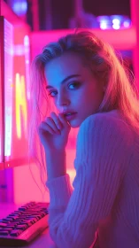 Cyberpunk neon portrait with soft rim lighting and bokeh depth.