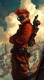 Rooftop steampunk scout watching over a glowing sky city.