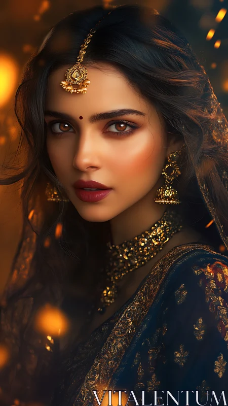 Portrait of woman in ornate Indian jewelry and attire.