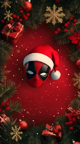 Playful masked Santa peeks from a bold red Christmas frame