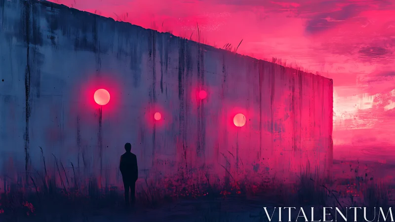 Solitary figure by neon orbs on vast concrete wall.