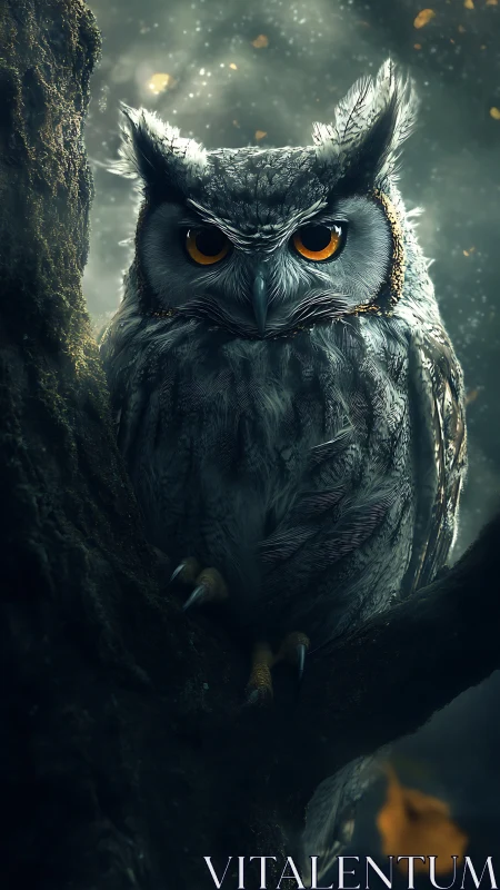 Stormlit owl sentinel with ember eyes in misty forest hush.