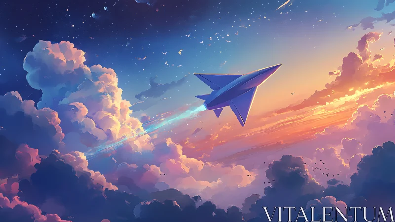 Sleek jet streaking through radiant sunset cloudscape.