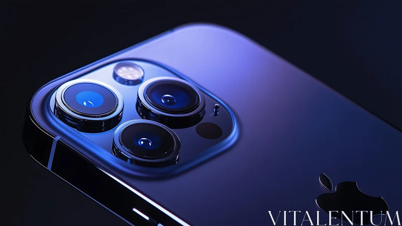 Close-up of modern smartphone triple camera module in blue.