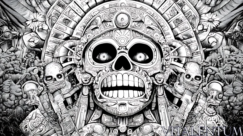 Ornate Aztec skull totem amid dense monochrome jungle carvings.