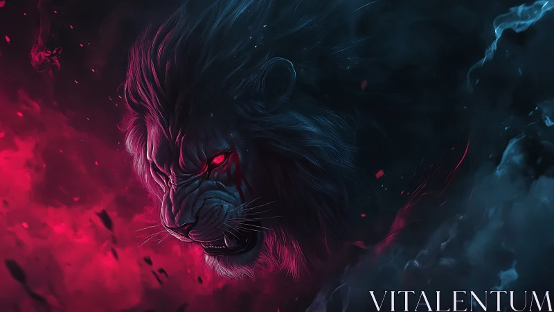 Midnight lion of embers prowling through neon storm.