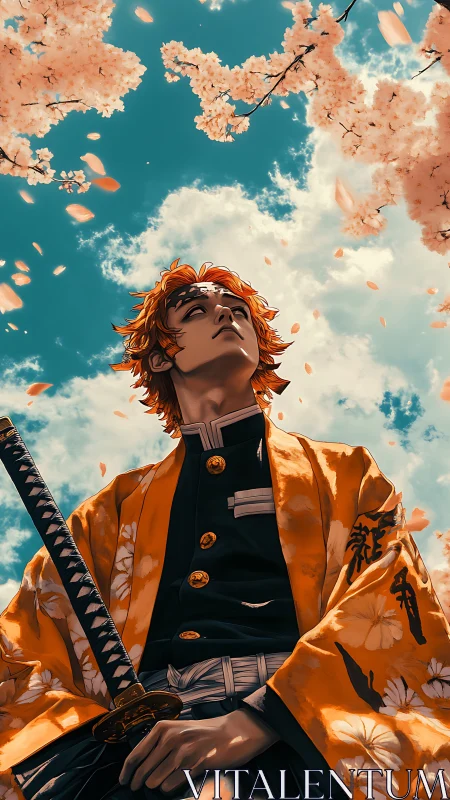 Samurai swordsman under cherry blossoms in golden haori.