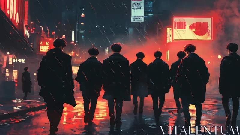 Multiple figures walk in rainy neon-lit urban night street scene