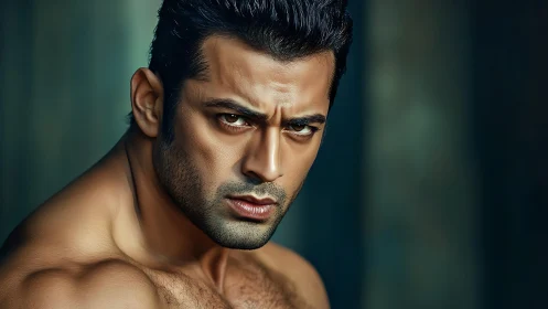 High-contrast male portrait with intense gaze and sculpted lighting