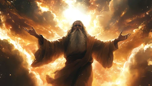 Radiant robed deity rises amid blazing celestial clouds