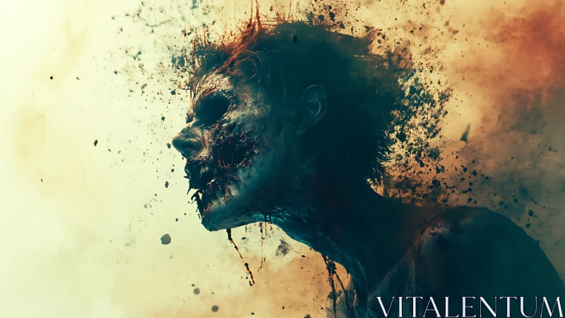 Decaying humanoid profile dissolving into ash and combustion haze