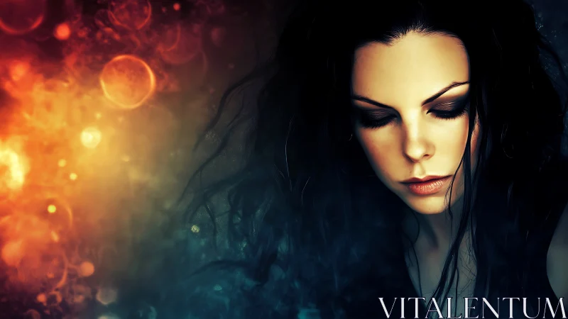 Female portrait with abstract bokeh and dual color lighting.