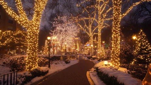 Snowy city park path lined with dense winter lights.