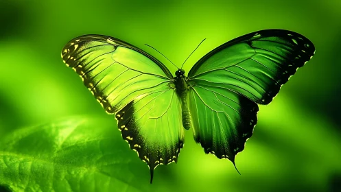 Green butterfly in flight over leaf on blurred background.