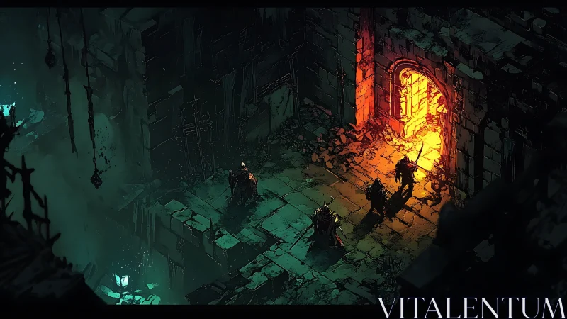 Bold adventurers step toward a glowing dungeon gateway