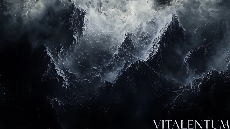 Fractal storm mountains emerge from turbulent monochrome nebula