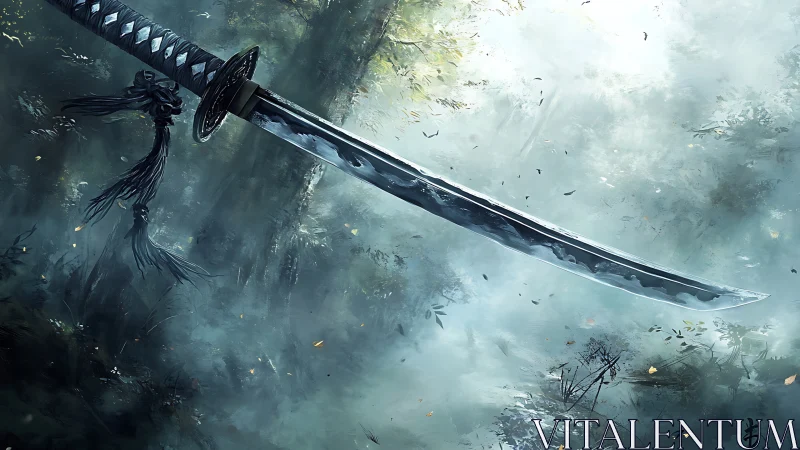 Silent katana drifting through misty forest morning.
