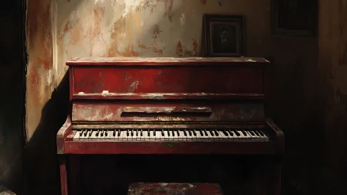 Worn red upright piano in dim interior corner setting.
