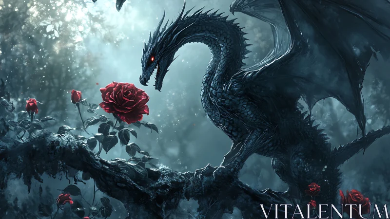 Dark forest dragon pauses gently beside a single red rose