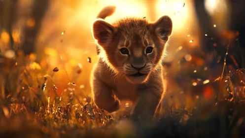 Sunlit savanna mischief as a lion cub charges the dawn.
