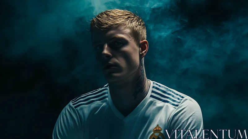 Male footballer portrait in smoke with side lighting.