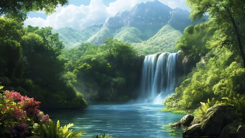 Waterfall and forest pool beneath distant green mountains.